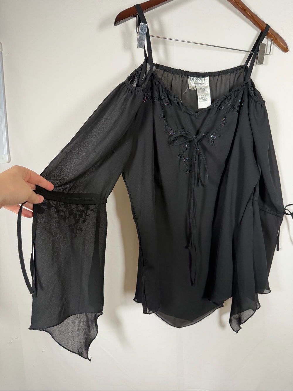 Vintage Whimsigoth Black Off-Shoulder Flare Sleeve Blouse Sequin, Embroidered